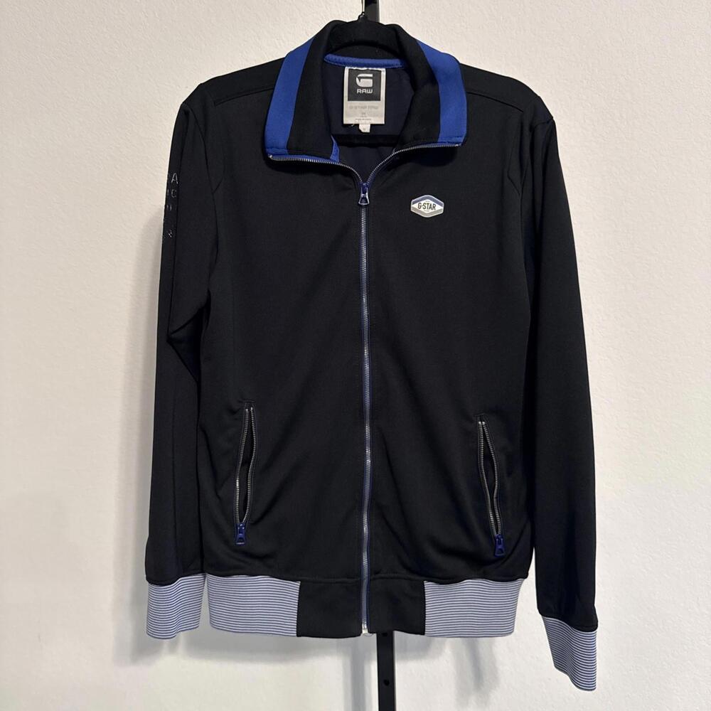G-STAR RAW Slim Track Jacket in Jersey - Black and Blue with Striped Bandage - M